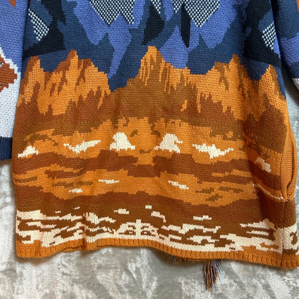 Reba Womens XL Southwest Landscape Fringe Open Front Cardigan Sweater Blue Rust - Picture 8 of 14